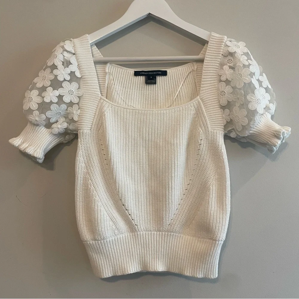 FRENCH CONNECTION Juliet Mozart Caballo Puff Sleeve Crop Sweater White Small - Picture 2 of 10